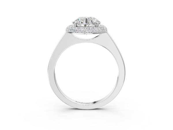 White gold Round Halo Diamond Engagement Ring with Solitaire Band and Four-Prong Setting