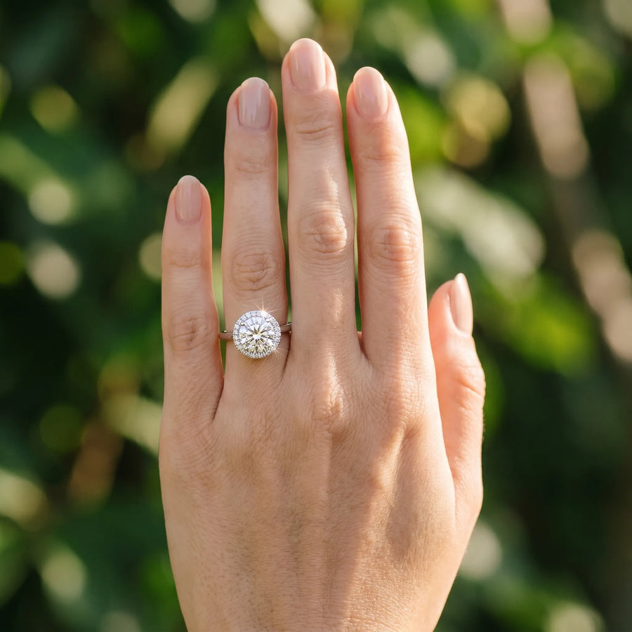 White gold Round Halo Diamond Engagement Ring with Solitaire Band and Four-Prong Setting