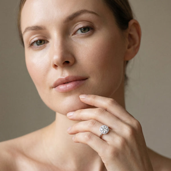 White gold Round Halo Diamond Engagement Ring with Solitaire Band and Four-Prong Setting