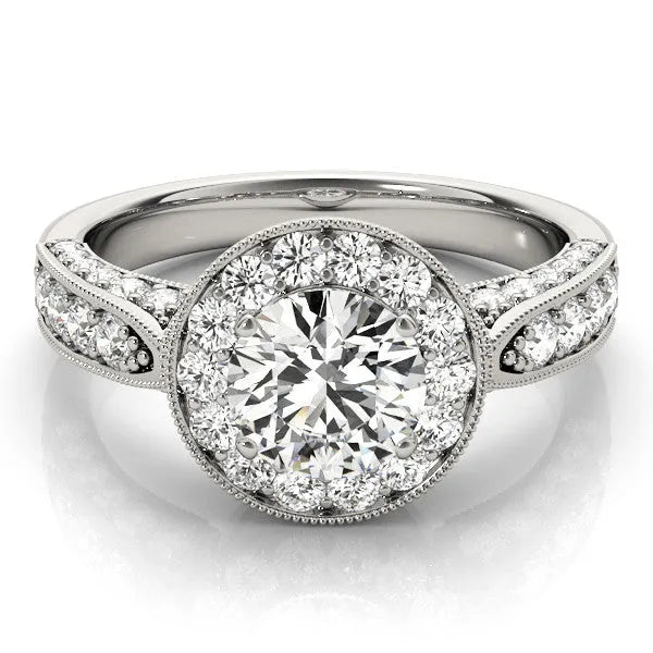 White gold Round Halo Diamond Engagement Ring with Split Shank Band and Four-Prong Setting