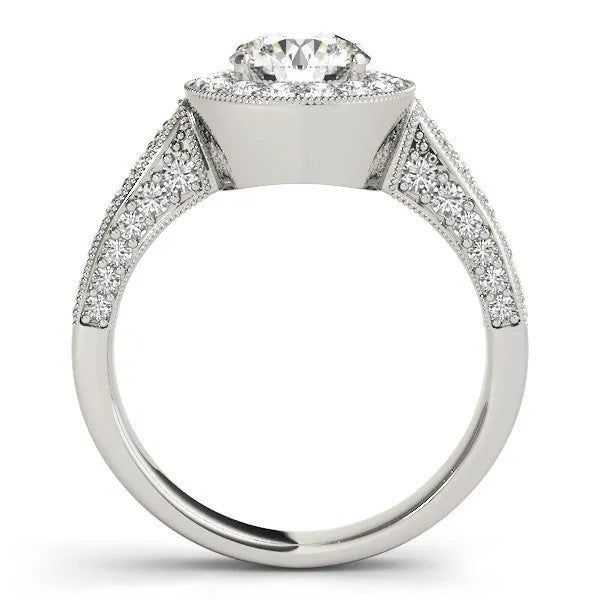 White gold Round Halo Diamond Engagement Ring with Split Shank Band and Four-Prong Setting