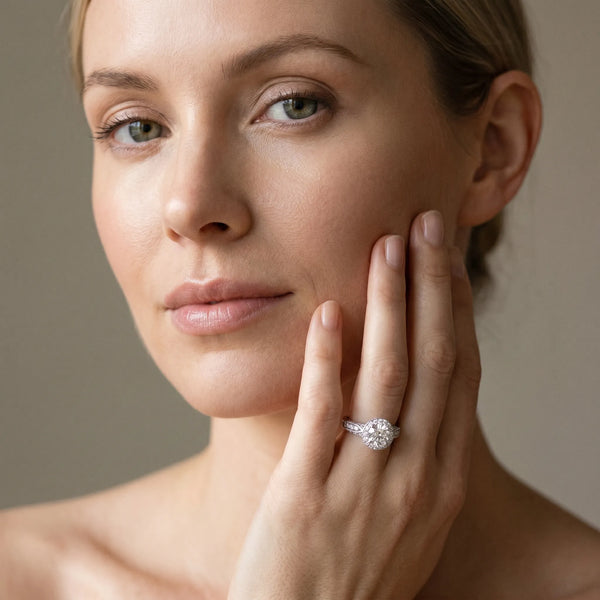 White gold Round Halo Diamond Engagement Ring with Split Shank Band and Four-Prong Setting