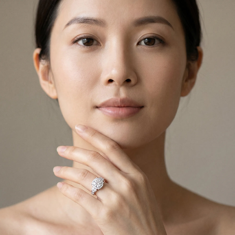 White gold Round Halo Diamond Engagement Ring with Split Shank and Four-Prong Setting