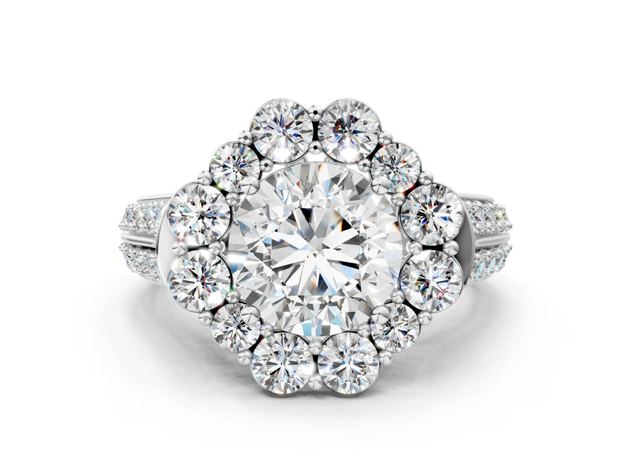 White gold Round Halo Diamond Engagement Ring with Split Shank and Prong Setting
