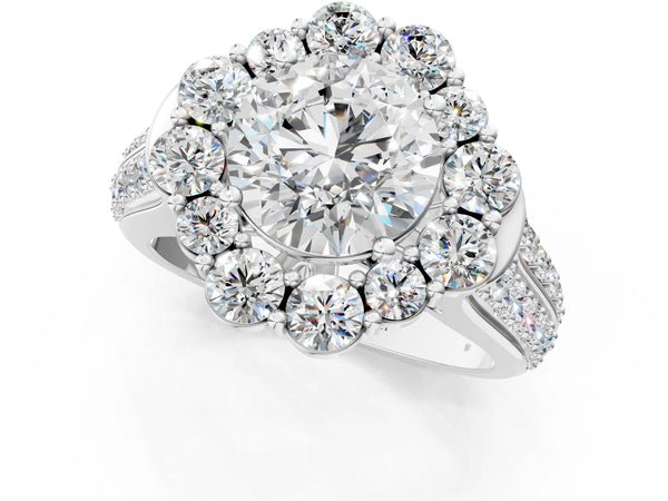 White gold Round Halo Diamond Engagement Ring with Split Shank and Prong Setting