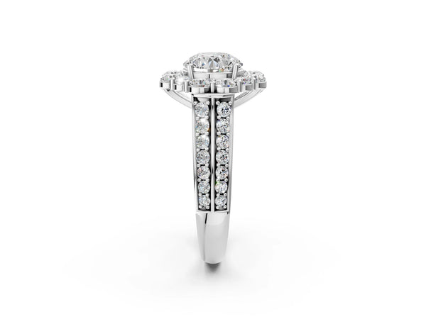 White gold Round Halo Diamond Engagement Ring with Split Shank and Prong Setting