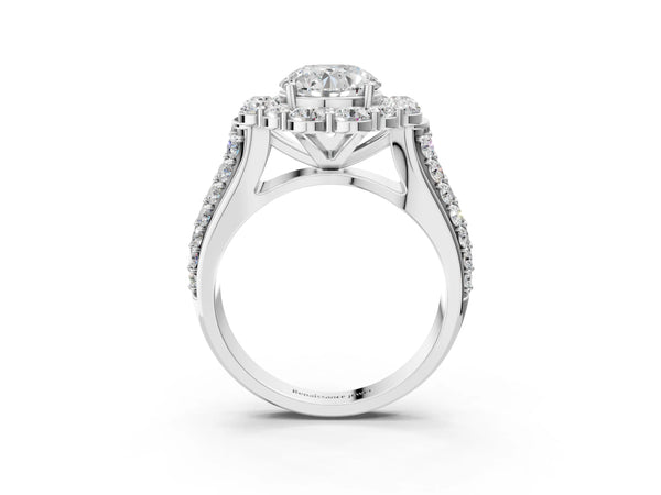 White gold Round Halo Diamond Engagement Ring with Split Shank and Prong Setting