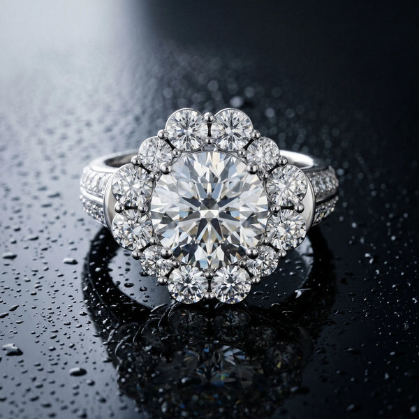 White gold Round Halo Diamond Engagement Ring with Split Shank and Prong Setting
