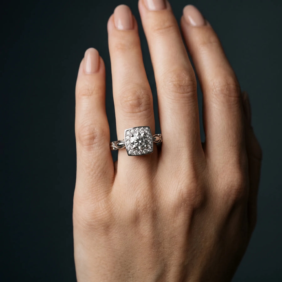White gold Round Halo Diamond Engagement Ring with Square Setting and Infinity Band