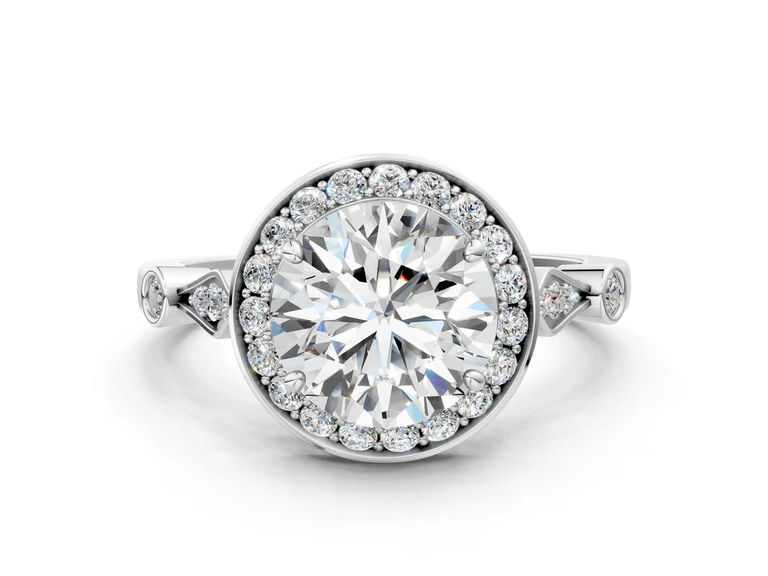 White gold Round Halo Diamond Engagement Ring with Twisted Band and Four-Prong Setting