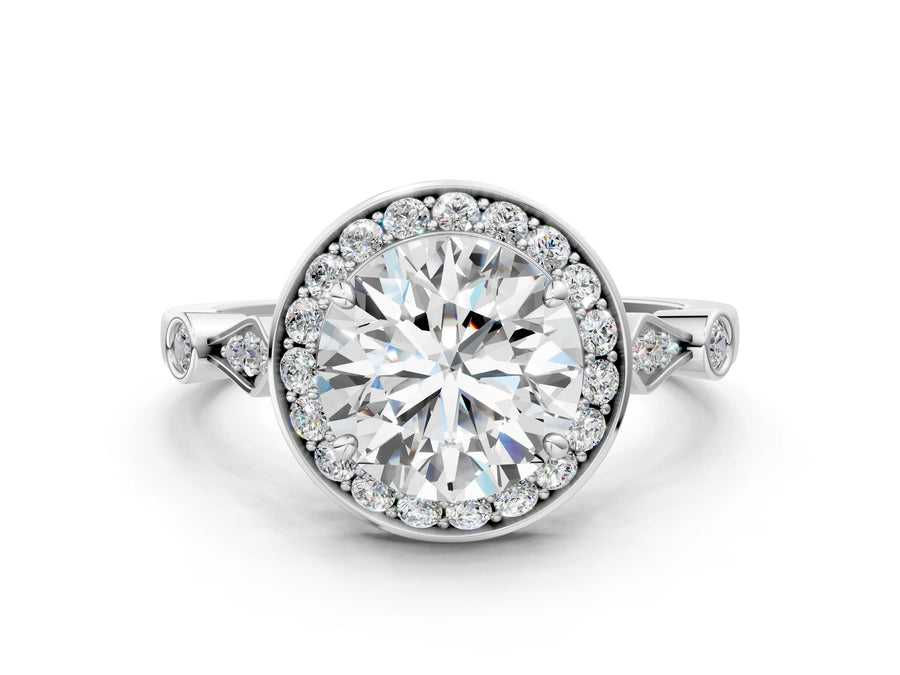 White gold Round Halo Diamond Engagement Ring with Twisted Band and Four-Prong Setting