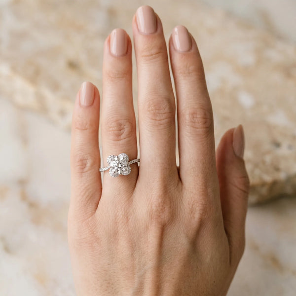 White gold Round Halo Diamond Engagement Ring with Twisted Pave Band and Four-Prong Setting