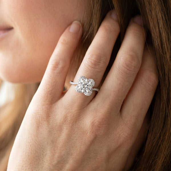 White gold Round Halo Diamond Engagement Ring with Twisted Pave Band and Four-Prong Setting