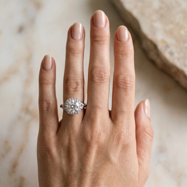 White gold Round Halo Diamond Engagement Ring with Vintage-Inspired Band and Four-Prong Setting