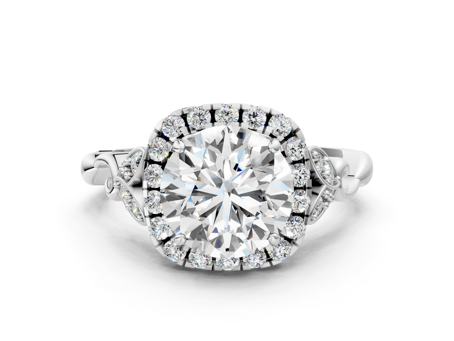 White gold Round Halo Diamond Engagement Ring with Vintage-Inspired Band and Four-Prong Setting