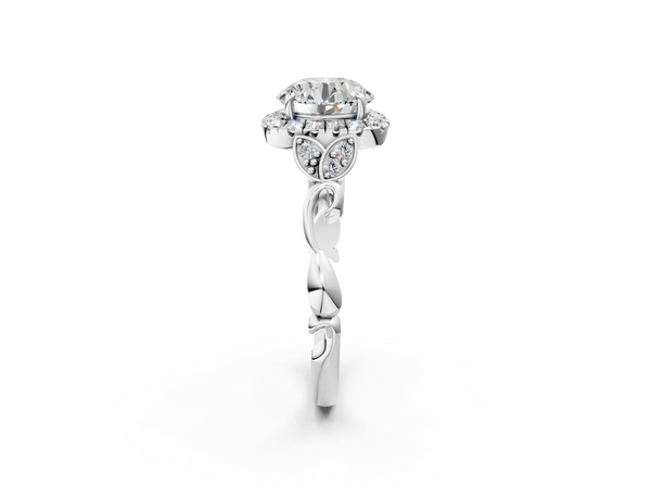 White gold Round Halo Diamond Engagement Ring with Vintage-Inspired Band and Four-Prong Setting