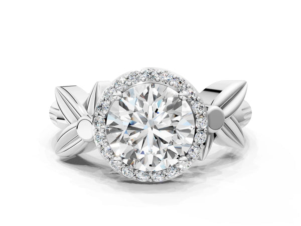 Sterling Silver Round Halo Engagement Ring Setting with Floral Leaf Shoulders