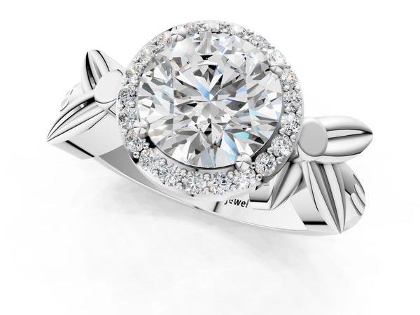 Sterling Silver Round Halo Engagement Ring Setting with Floral Leaf Shoulders