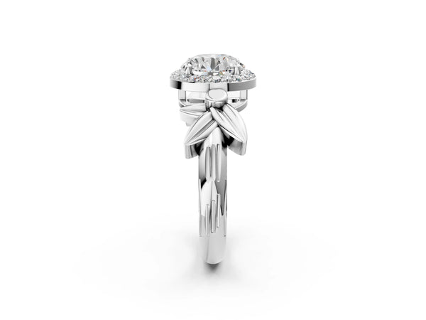 Sterling Silver Round Halo Engagement Ring Setting with Floral Leaf Shoulders