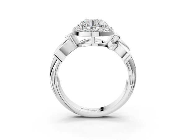 Sterling Silver Round Halo Engagement Ring Setting with Floral Leaf Shoulders
