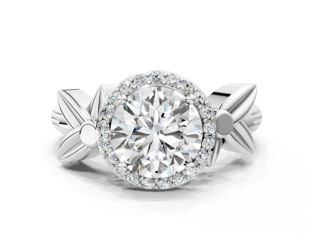 White gold Round Halo Diamond Floral Band with Four-Prong Setting_113