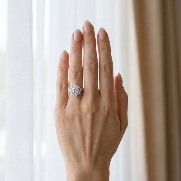 White gold Round Halo Diamond Floral Cluster Ring with Pavé Band and Prong Setting