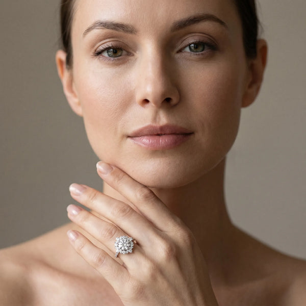 White gold Round Halo Diamond Floral Cluster Ring with Pavé Band and Prong Setting