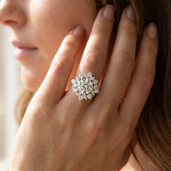 White gold Round Halo Diamond Floral Cluster Ring with Pavé Band and Prong Setting
