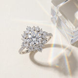 White gold Round Halo Diamond Floral Cluster Ring with Pavé Band and Prong Setting_25