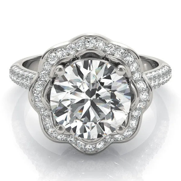 White gold Round Halo Diamond Floral Pave Band Ring with Four-Prong Setting