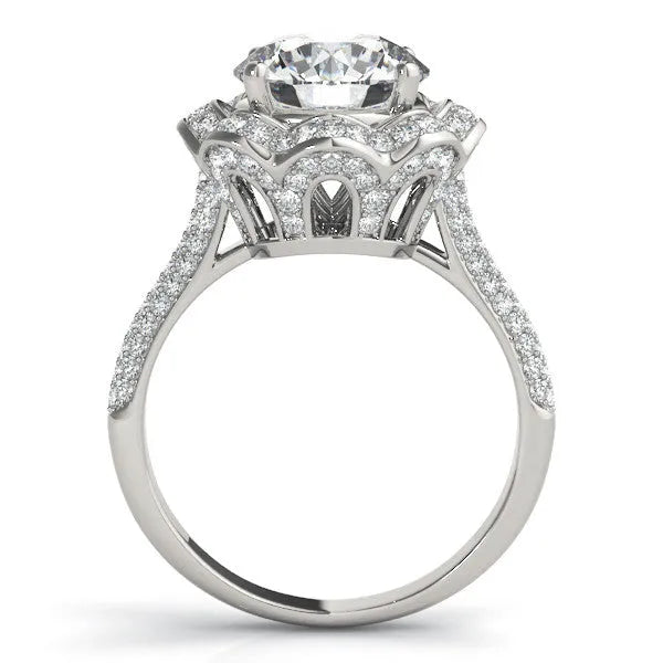 White gold Round Halo Diamond Floral Pave Band Ring with Four-Prong Setting