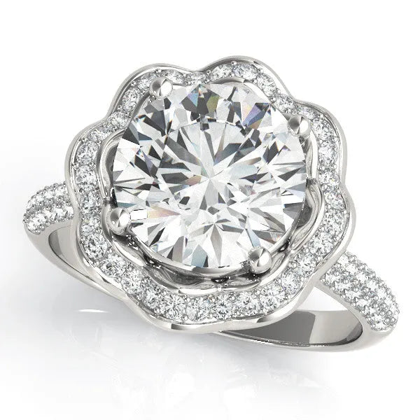 White gold Round Halo Diamond Floral Pave Band Ring with Four-Prong Setting