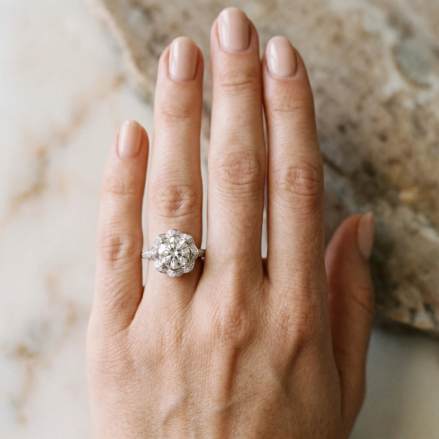 White gold Round Halo Diamond Floral Pave Band Ring with Four-Prong Setting