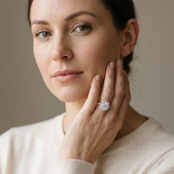 White gold Round Halo Diamond Floral Pave Band Ring with Four-Prong Setting