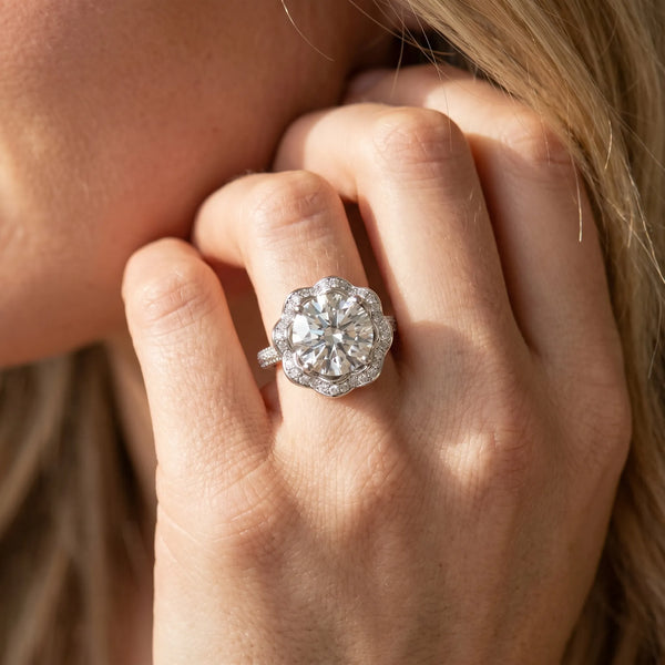 White gold Round Halo Diamond Floral Pave Band Ring with Four-Prong Setting