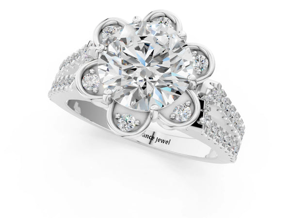 White gold Round Halo Diamond Floral Split Shank Engagement Ring