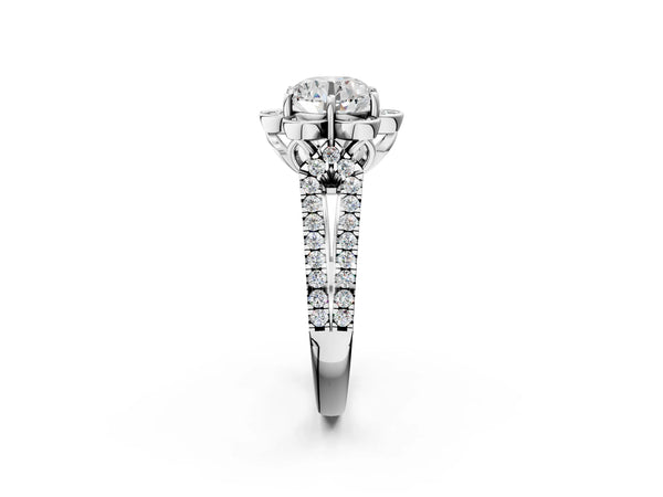 White gold Round Halo Diamond Floral Split Shank Engagement Ring
