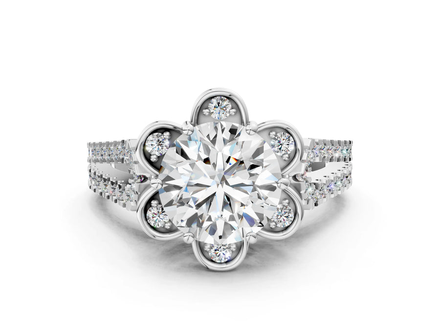White gold Round Halo Diamond Floral Split Shank Engagement Ring