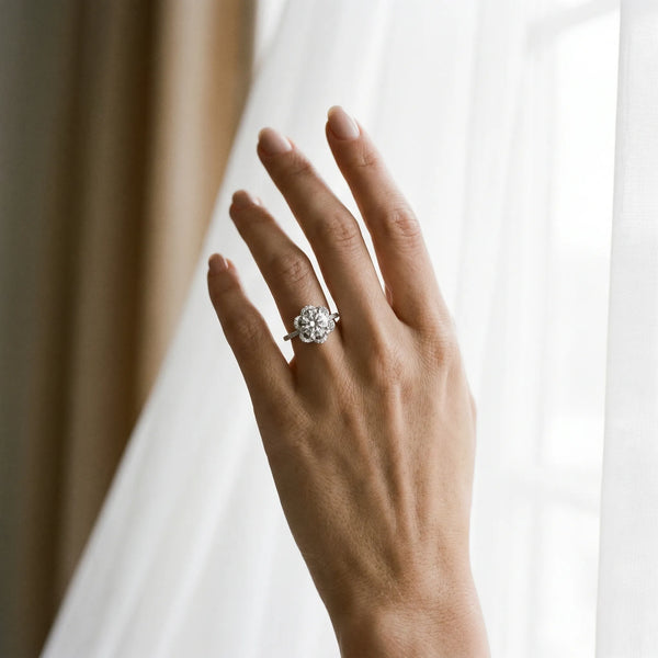 White gold Round Halo Diamond Infinity Twist Pavé Band Ring with Four-Prong Setting
