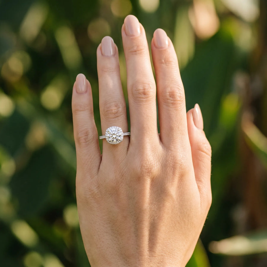 White gold Round Halo Diamond Pavé Band with Four-Prong Setting