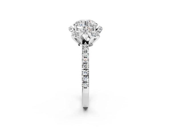 White gold Round Halo Diamond Pave Band Ring with Four-Prong Setting