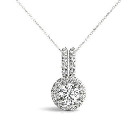 White gold Round Halo Diamond Pendant with Double Prong Setting
