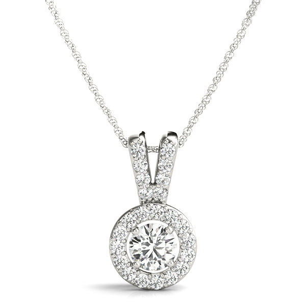 White gold Round Halo Diamond Pendant with Prong Setting