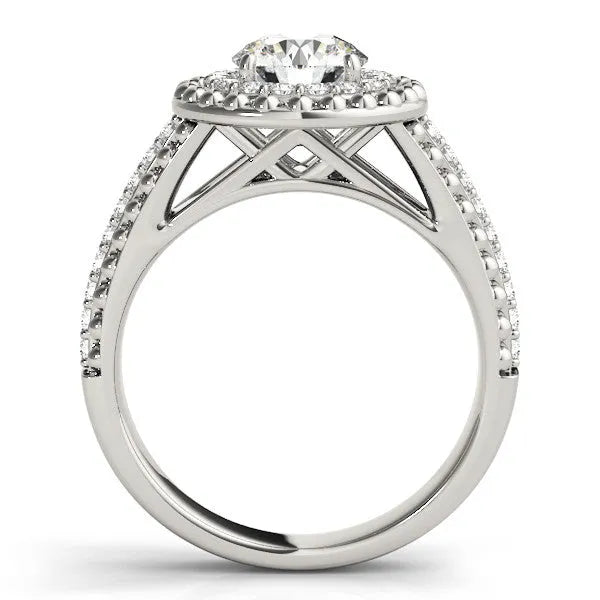 White gold Round Halo Diamond Ring with Beaded Split Shank and Four-Prong Setting