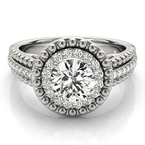 White gold Round Halo Diamond Ring with Beaded Split Shank and Four-Prong Setting