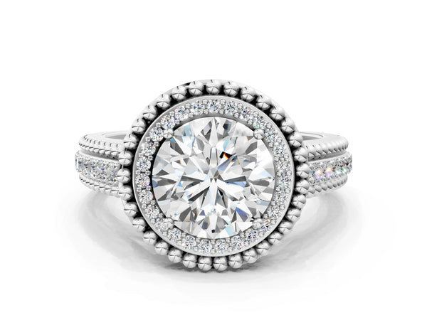 White gold Round Halo Diamond Ring with Beaded Split Shank and Four-Prong Setting