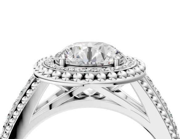 White Gold Cushion Cut Beaded Halo Engagement Ring Setting with Pave