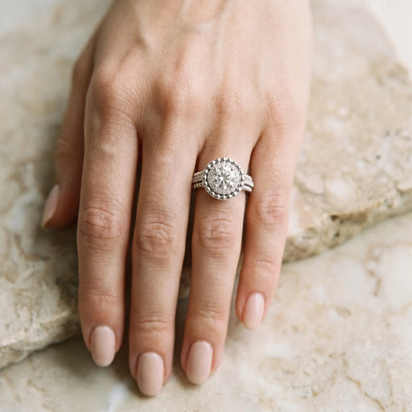 White gold Round Halo Diamond Ring with Beaded Split Shank and Four-Prong Setting