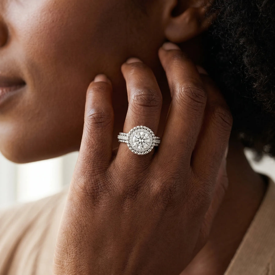 White gold Round Halo Diamond Ring with Beaded Split Shank and Four-Prong Setting