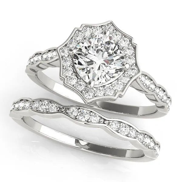 White gold Round Halo Diamond Ring with Milgrain Band and Four-Prong Setting